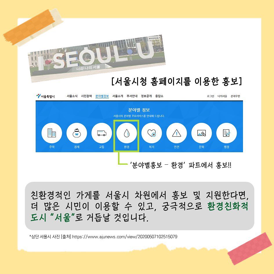 I`SEOUL`U [서울시청 홈페이지를 이용한 홍보] 분야별홍보 - 환경 파트에서 홍보!! 친환경적인 가게를 서울시 차원에서 홍보 및 지원한다면, 더 많은 시민이 이용할 수 있고, 궁극적으로 환경친화적도시 서울로 거듭날 것입니다.